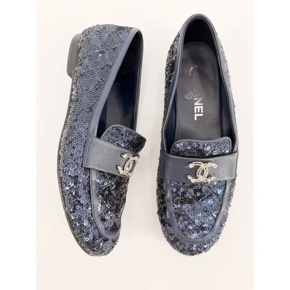 Chanel Navy Black Sequin CC Logo Slipper Loafer Flats Shoes Size 37 EU 6.5